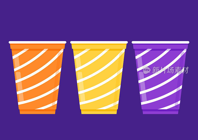 Party cup孤立的紫色背景，矢量插图。黄色，橙色和紫色啤酒杯矢量。啤酒“乒乓”游戏。
